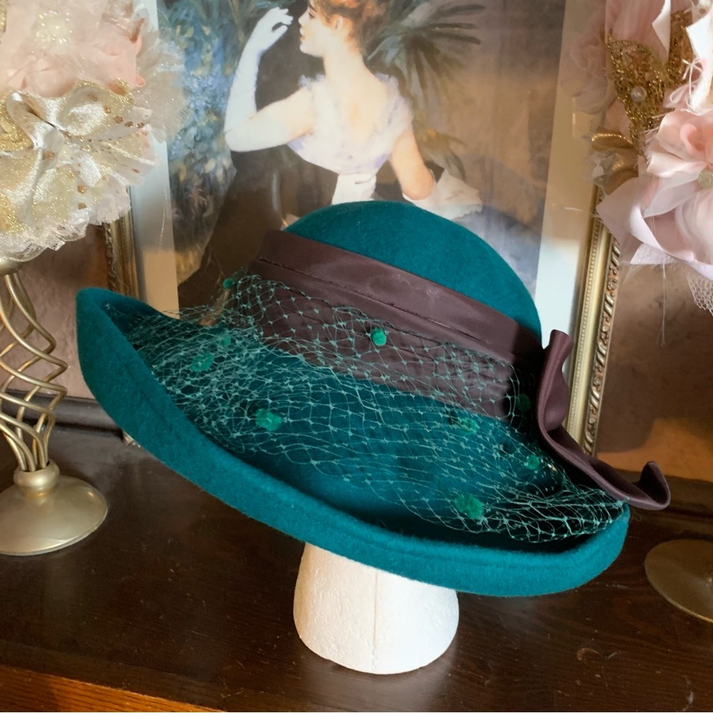 VINTAGE 1980'S MICHAEL HOWARD TEAL AND BROWN WOOL HAT - Picture 8 of 13